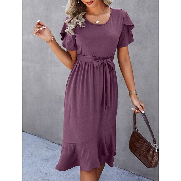 Dresses & Skirts - 💜 BOHO PURPLE RUFFLE BELTED MIDI DRESS!